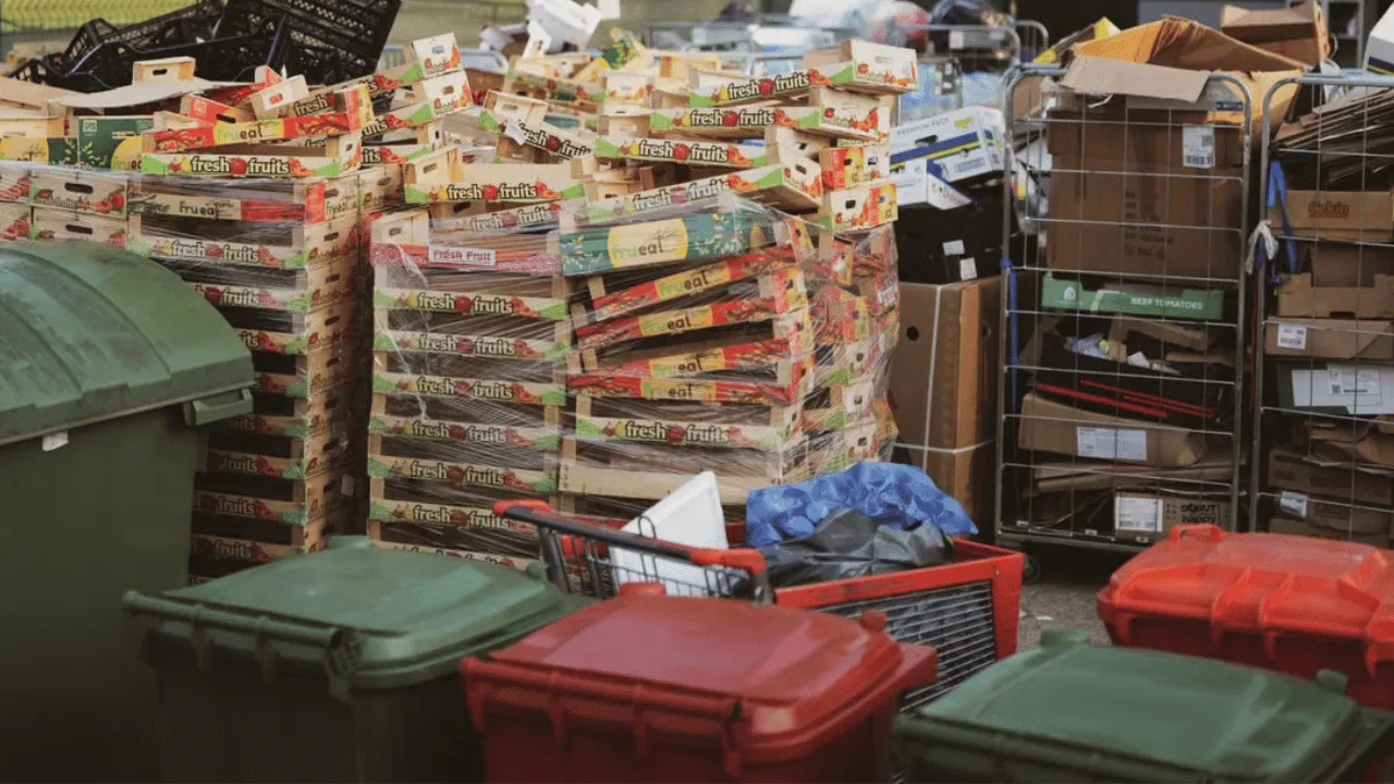 Commercial recycling bins and packaging materials supporting zero waste to landfill goals.