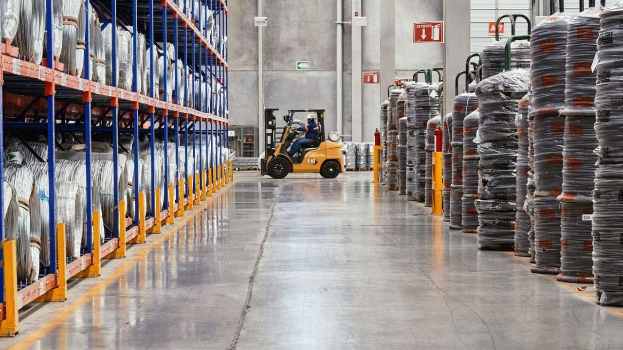 Warehouse inventory and forklift representing product destruction cost factors in Ontario.